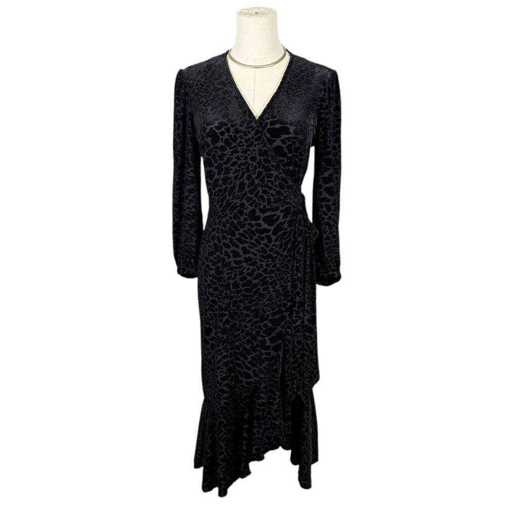 Calvin Klein Black Burnout Velvet Cheetah Print Wrap Midi Dress Ruffle Hem 6